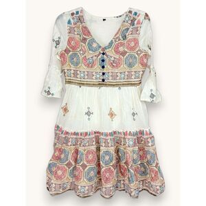 Girls’ Boho Tribal Gauze Dress Size Large Embroidered Geometric Bell Sleeve LG